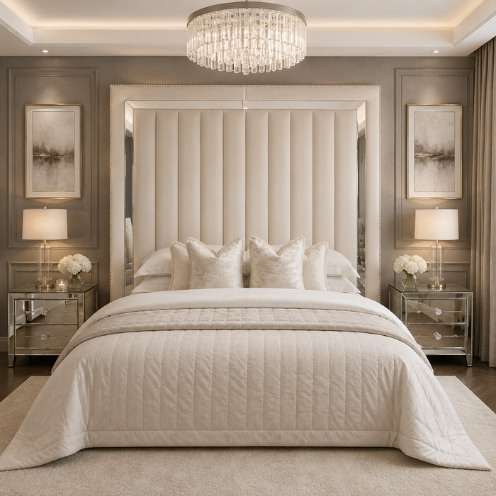 Chelsea Cream Mirrored Studded Premium Tall Headboard - Macbabeds