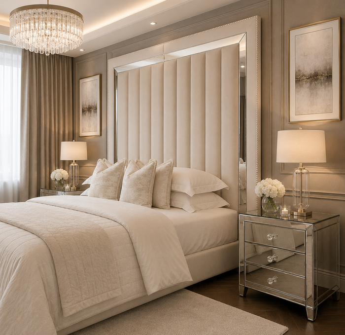 Chelsea Cream Mirrored Studded Premium Tall Headboard - Macbabeds