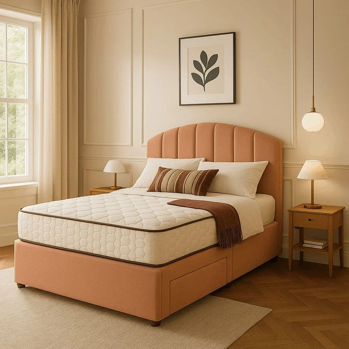 Amalfi Sunset velvet bed frame in sunset peach colour with curved upholstered headboard