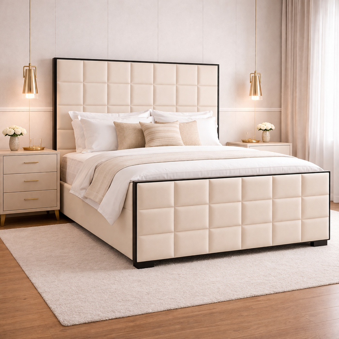 Cubed Upholstered Bed Frame with Black Piping Contrast - Macbabeds