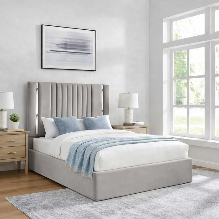 Gabriella plush velvet ottoman bed in champagne gold with vertical panel headboard and luxury upholstered frame