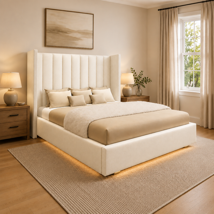 CORALIE CREAM UPHOLSTERED WING BED FRAME
