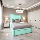 Shifman Prestige velvet bed in mint green with framed panel headboard and modern upholstered bed frame